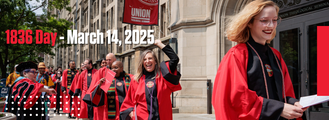 Graduates in red robes walk joyfully on a street beside a historic building, proudly holding their diplomas. Festive decorations for "1836 Day: March 14, 2025" add to the vibrant atmosphere in the foreground.