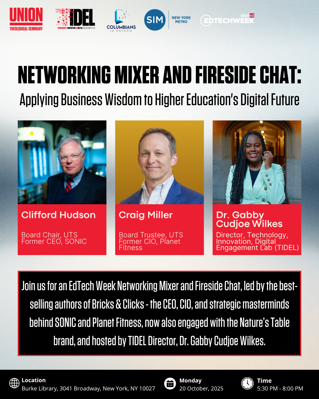 Networking Mixer and Fireside Chat: Applying Business Wisdom to Higher Education's Digital Future @ Burke Library, Union Theological Seminary