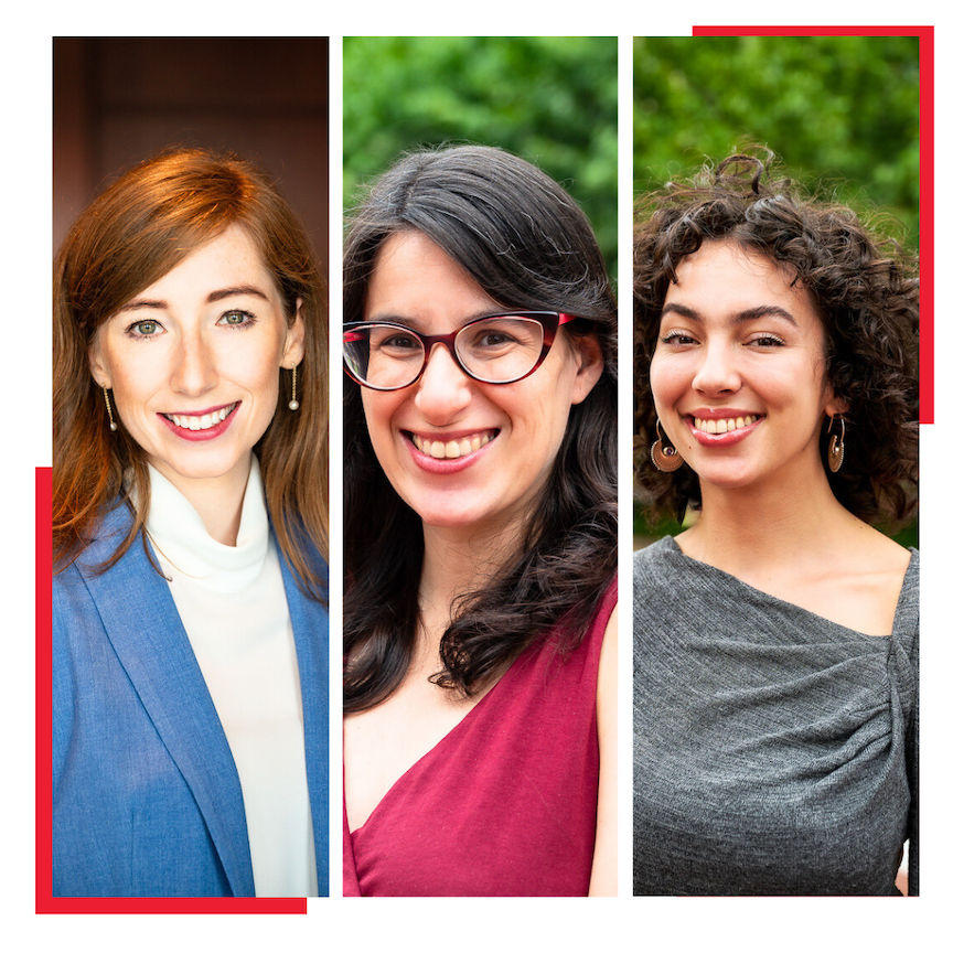 Three women smiling and posing for portraits, each in a separate panel. The first wears a blue blazer, the second wears glasses and a red top, and the third wears a gray top. Greenery is in the background of the middle and right panels.