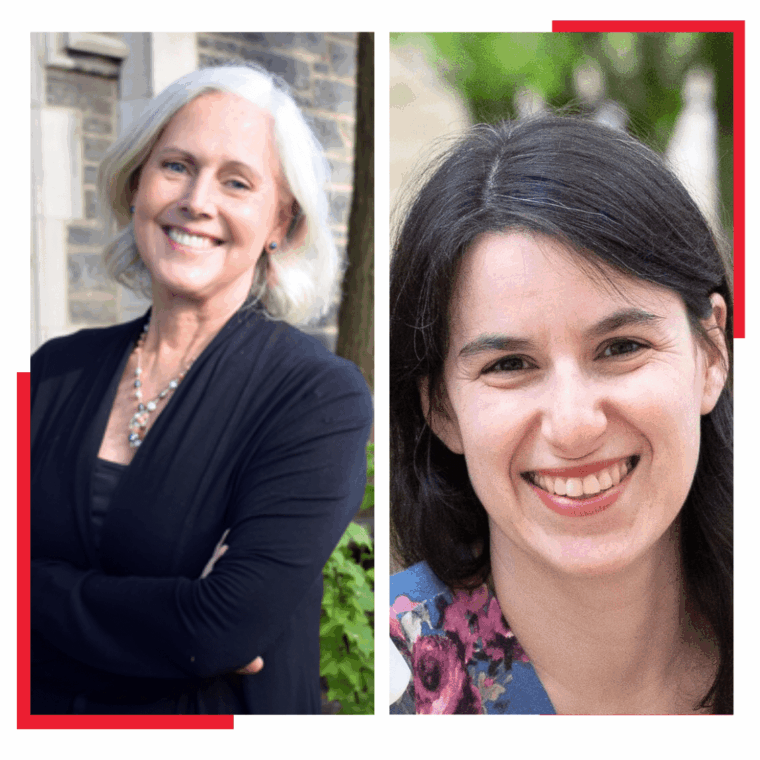 Two women smiling; the woman on the left has short gray hair and is wearing a black sweater, while the woman on the right has long dark hair and is wearing a floral top. Both are standing outdoors.