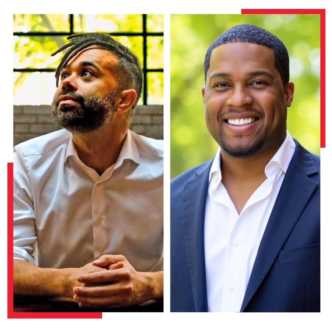 Split image: On the left, a man with short dreadlocks and a beard looks upward, wearing a white shirt. On the right, a man with short hair and a beard smiles at the camera in a suit jacket and white shirt.
