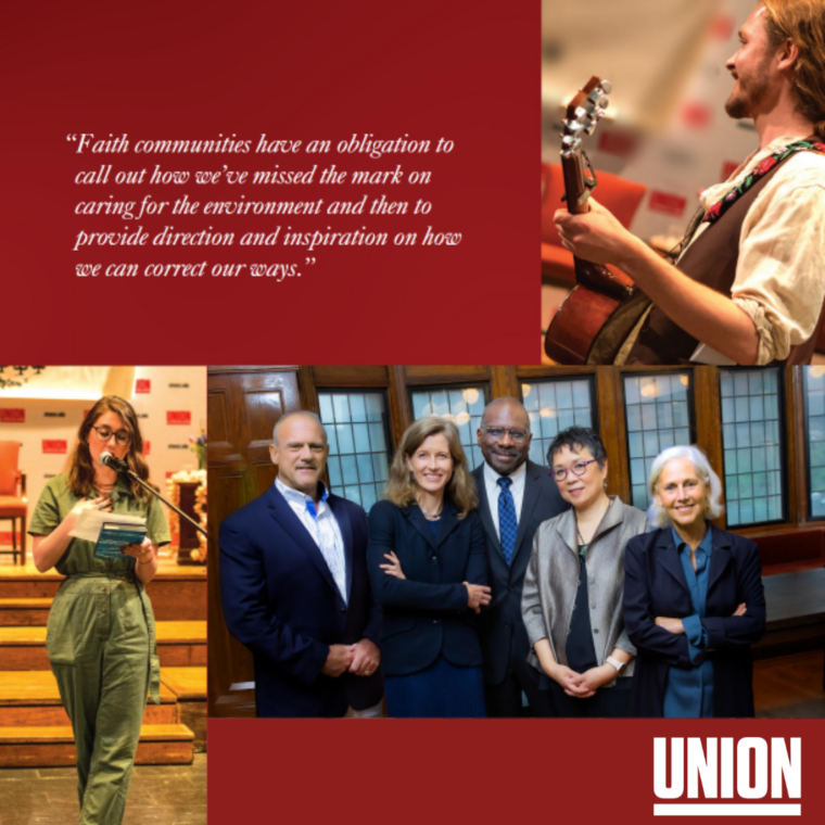 Collage with a quote on faith and the environment, a man playing guitar, a woman on stage with a microphone, and a group of five individuals posing together. The word "UNION" is in the bottom right corner.