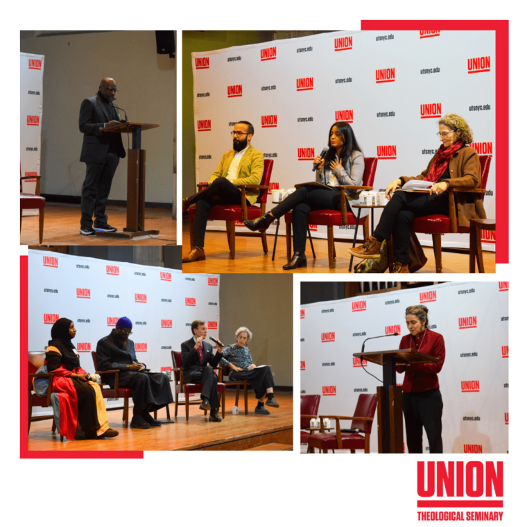 Collage of three panels at Union Theological Seminary, featuring speakers at podiums and panelists seated on stage. The background displays the Union logo.