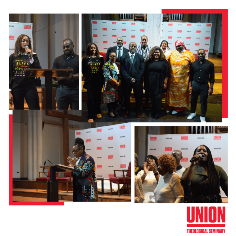 A collage of images from an event at Union Theological Seminary. It features speakers at a podium, a group of people posing together, and several attendees conversing and engaging. A Union Theological Seminary backdrop is visible.