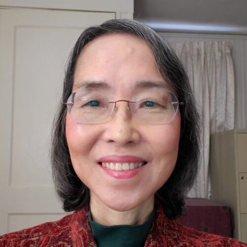 A person wearing glasses smiles at the camera. They're dressed in a red patterned garment with a green top underneath. The background features a closed cabinet and light-colored curtains.