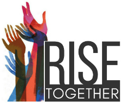 A colorful illustration of raised hands in various shades overlaps each other on the left side. To the right, bold text reads "RISE" with smaller text underneath that says "TOGETHER." The image conveys a message of unity and collaboration.