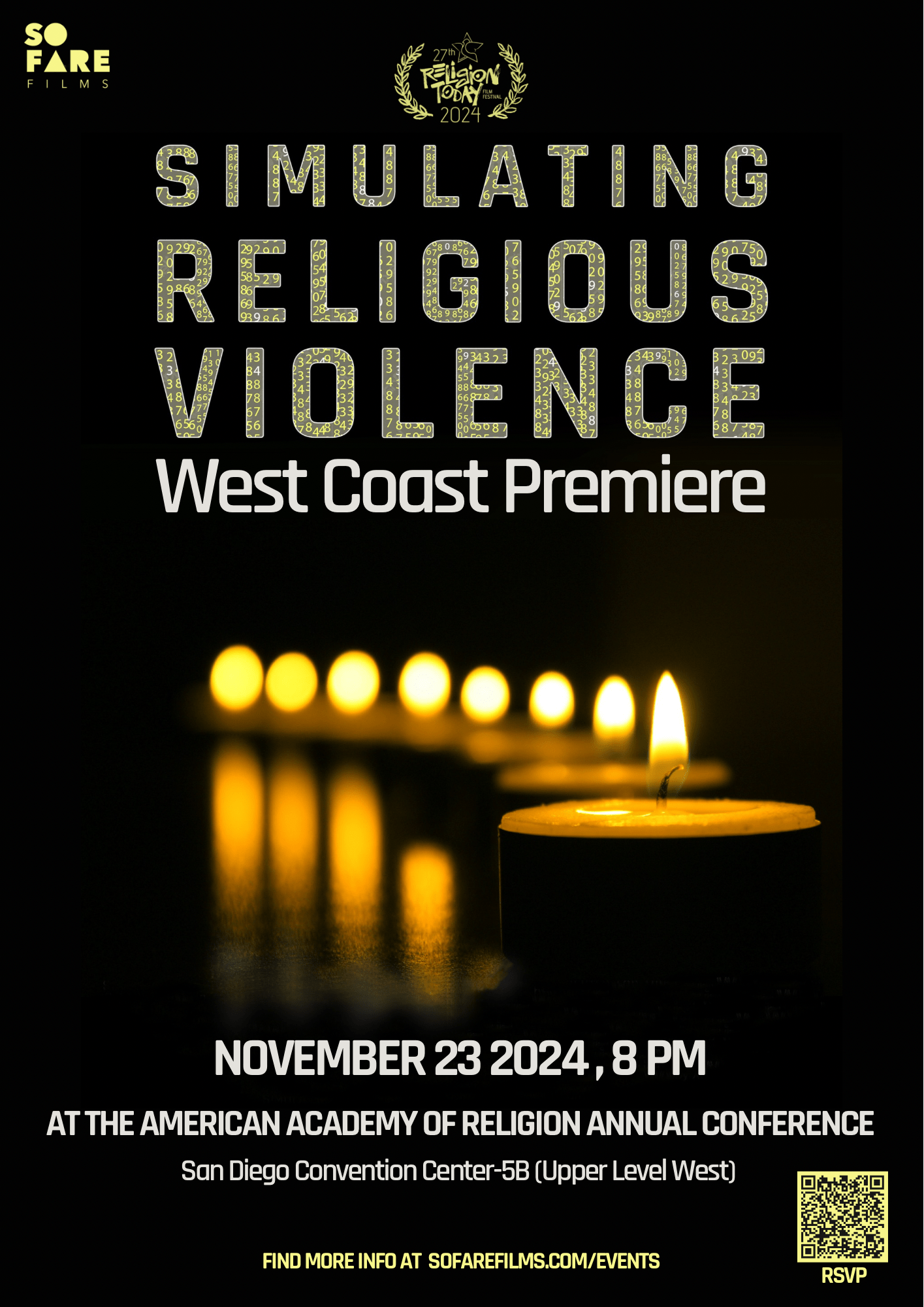The image is a poster for the premiere of "Simulating Religious Violence," set for November 23, 2024, at 8 PM during the American Academy of Religion and SBL Annual Conference in San Diego. Lit candles glow vividly against a dark background.