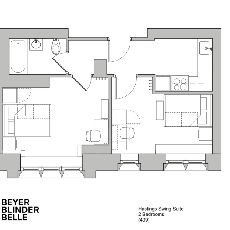 A floor plan of a 2 bedroom apartment. Both bedrooms are double rooms and there is a separate kitchen and separate bathroom. 
