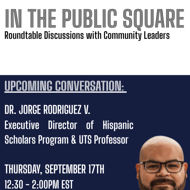 Event flyer for a roundtable featuring Dr. Jorge Rodriguez V., with details about time, date, and location. Includes his photo and mentions a hybrid event format (in-person and Zoom).