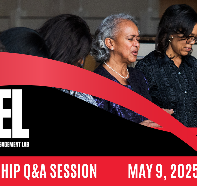 A diverse group of people, some with heads bowed, stand together in a room. Overlay text reads: "TIDEL Fellowship Q&A Session, May 9, 2025 @ 12 PM EST" with the TIDEL Lab logo and design elements.