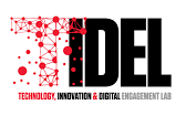 The image shows the TIDEL logo, with the text "TIDEL" in bold black sans-serif font. The letter "T" is stylized with red geometric and circular network patterns. Below "TIDEL," it says "Technology, Innovation & Digital Engagement Lab" in red and black text.
