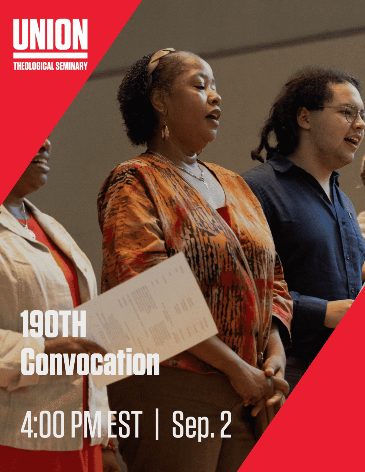 Three people singing at a Union Theological Seminary event. Text reads: “190th Convocation, 4:00 PM EST | Sep. 2.” Red geometric shapes and Union’s logo frame the image.