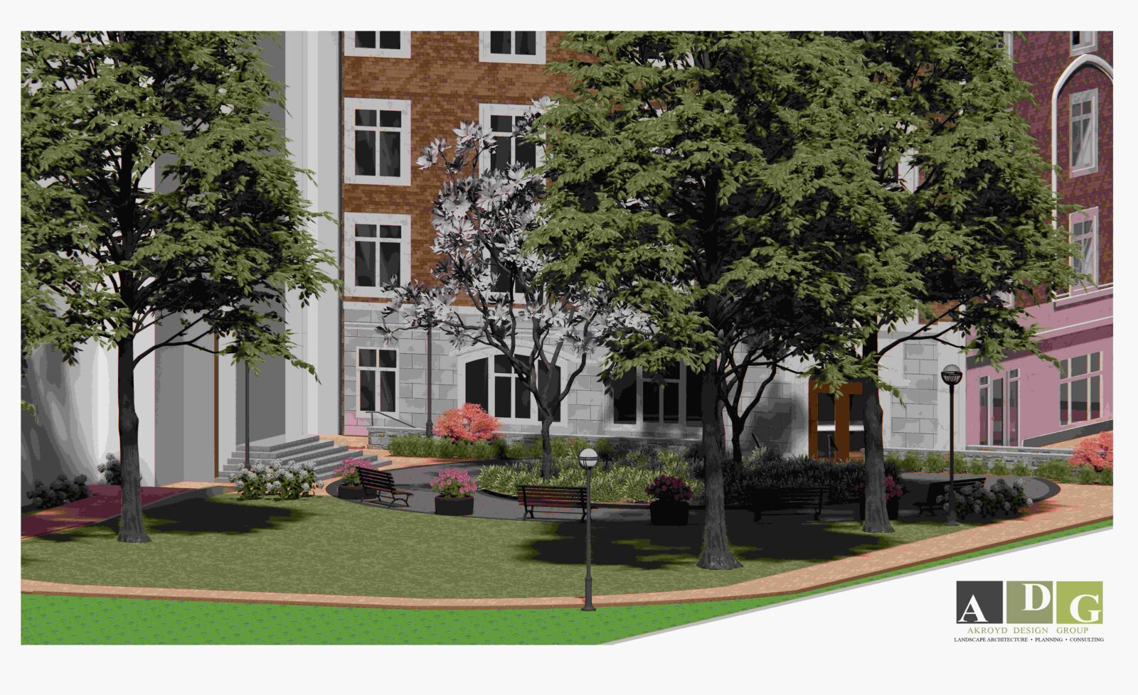 A landscaped courtyard with benches, trees, shrubs, and lampposts sits in front of a brick building with large windows. A curved pathway borders the grass, and the ADG logo is in the lower right corner.