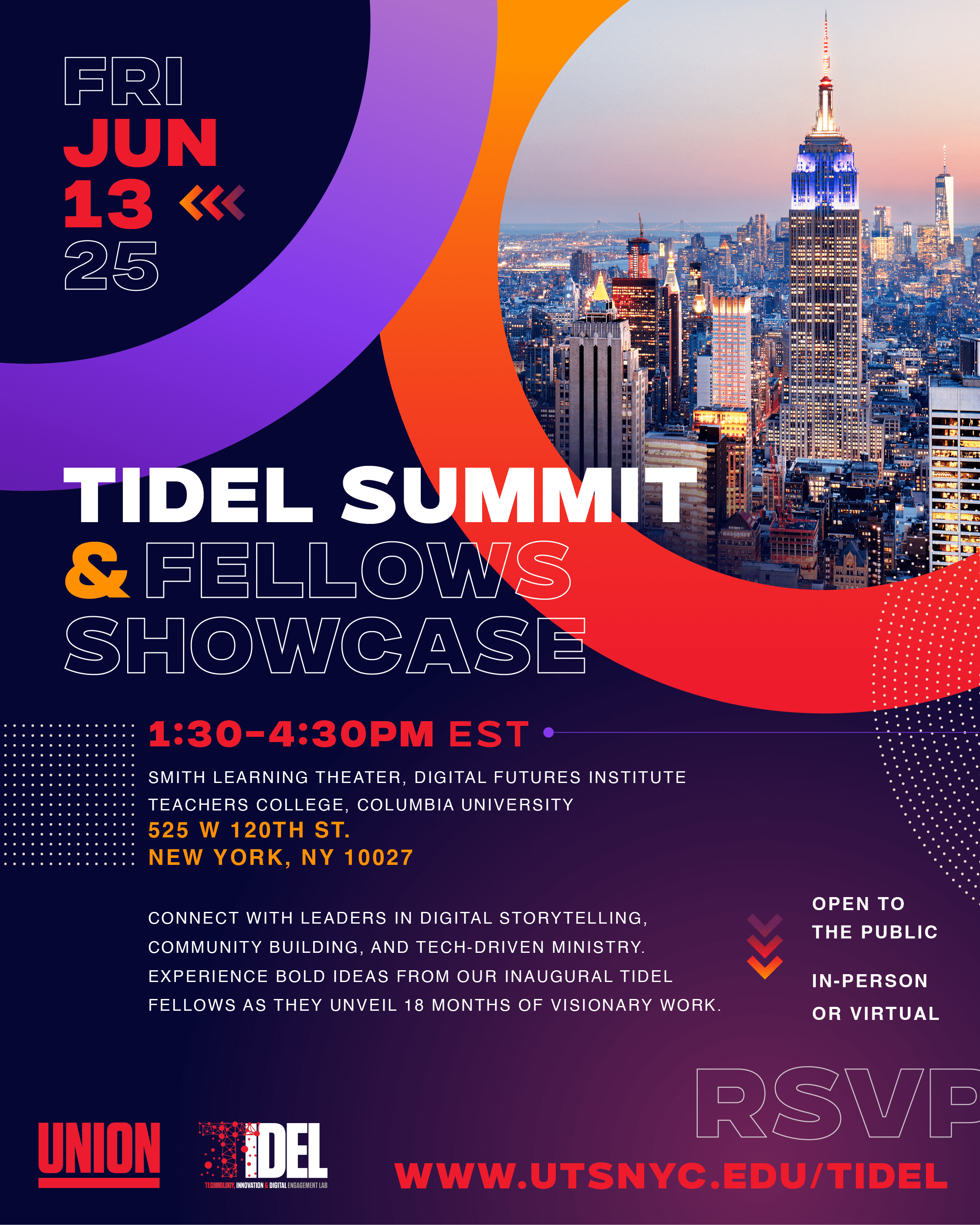 Event poster for the TIDEL Summit & Fellows Showcase on June 13\, 2
 025\, with a cityscape image of New York at sunset and event details\, inc
 luding RSVP info and location at Columbia University.